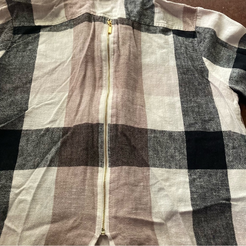 Soft Surroundings carreaux plaid ivory black zipper back shirt linen blend - Picture 6 of 7